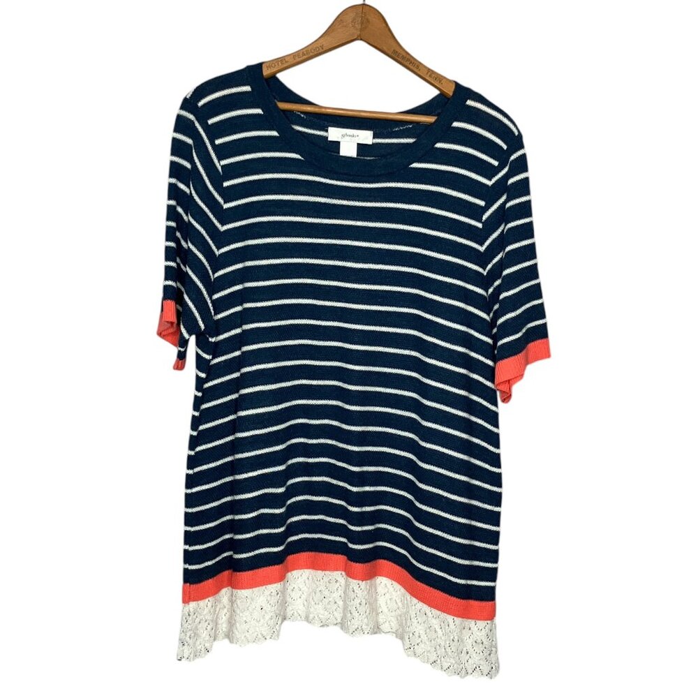 CJ Banks 1X Coral White‎ Blue Striped Pointelle Knit Hem Pullover Sweater Plus